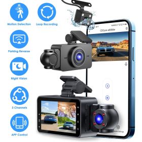 3 Channel Dash Cam for Cars, 1080P Full HD Front Camera (140° Wide View) with 480P Interior & Rear Cameras, 360° Vehicle Protection